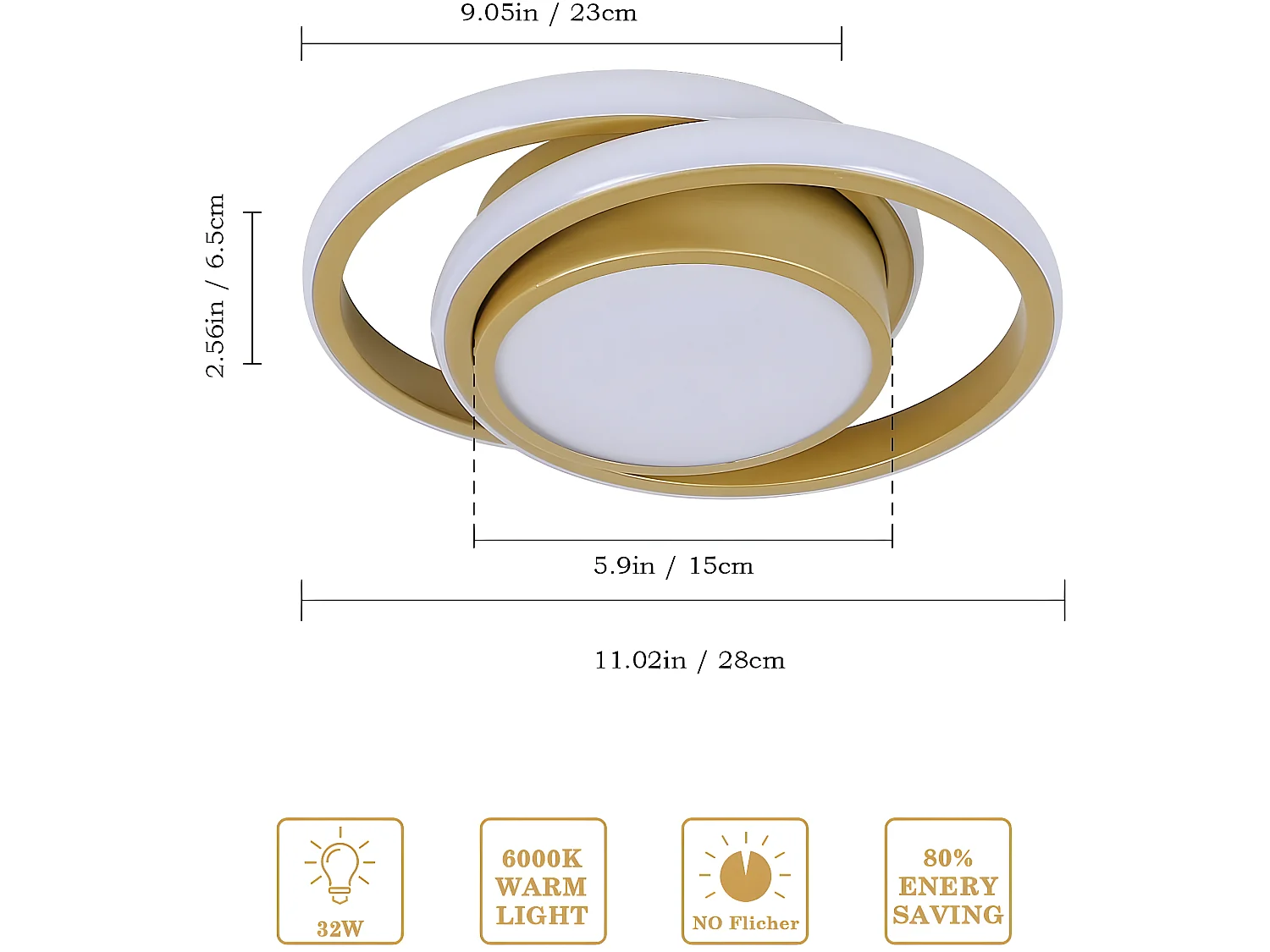 Plafonnier led moderne simple,or, 27*22*6cm, 26w 2500lm, lumière blanc froid