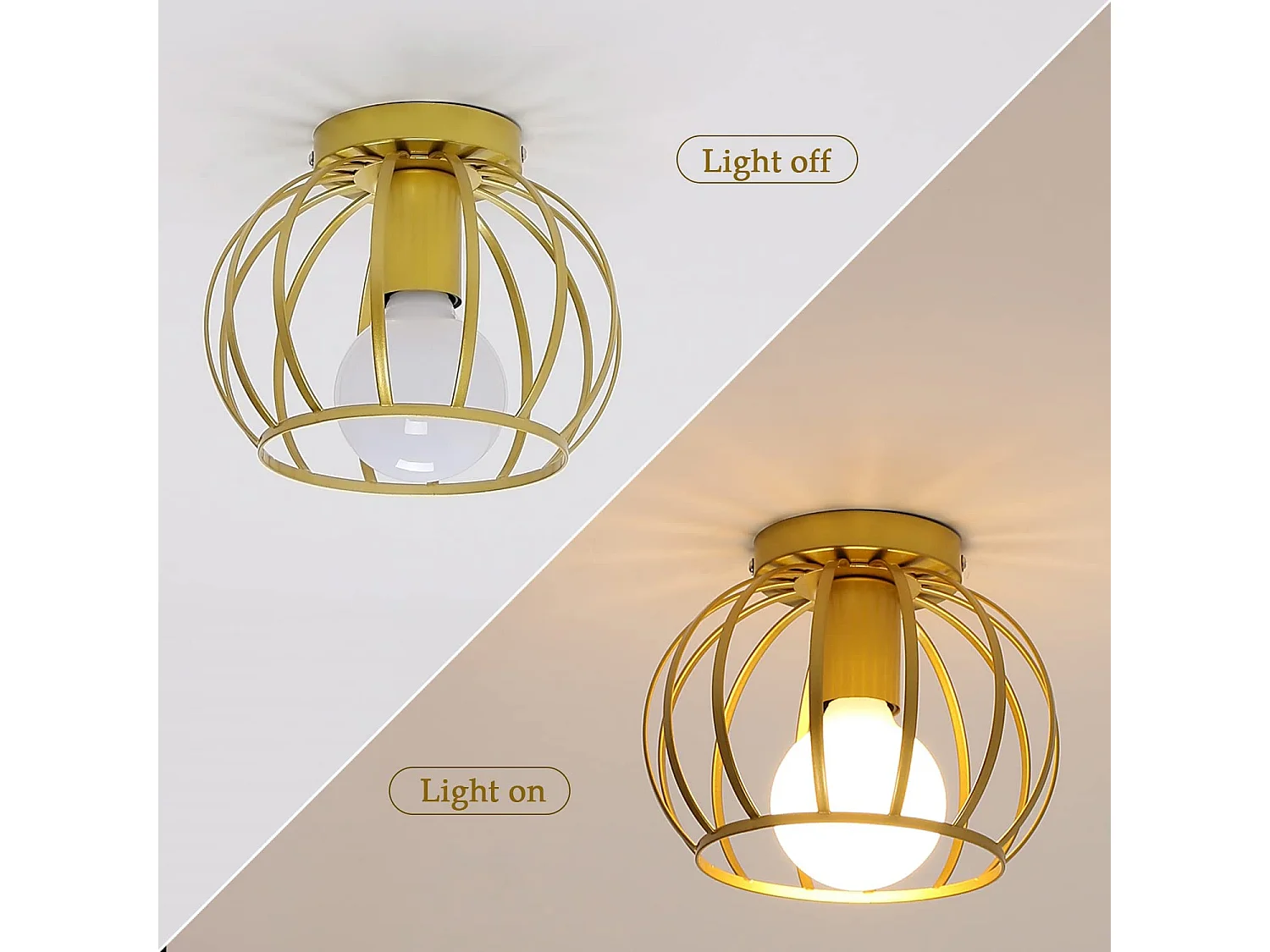 Plafonnier vintage semi-encastré, or, 19.5*18cm, en fer, sans ampoules E27