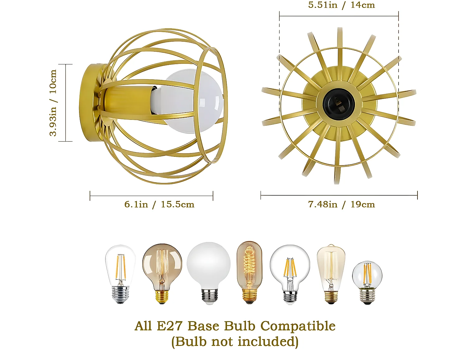Plafonnier vintage semi-encastré, or, 19.5*18cm, en fer, sans ampoules E27