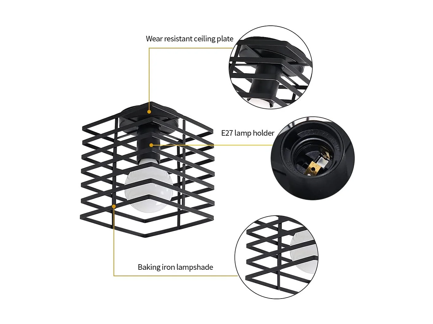 Plafonnier industriel vintage cage en fer en métal, noir, 15*18cm, sans ampoules E27