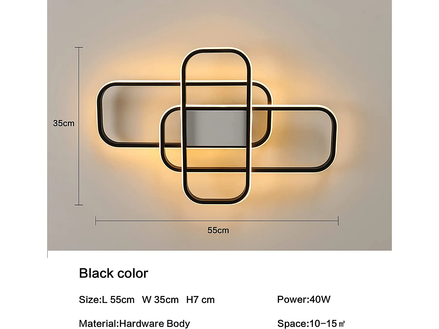 Plafonnier led moderne dimmable rectangulaire, noir, 55*35*7cm, 44w avec télécommande