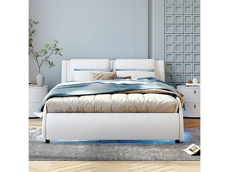 Lit avec tête de lit capitonnée avec LED- 140 x 200 cm - Blanc - Sweiko