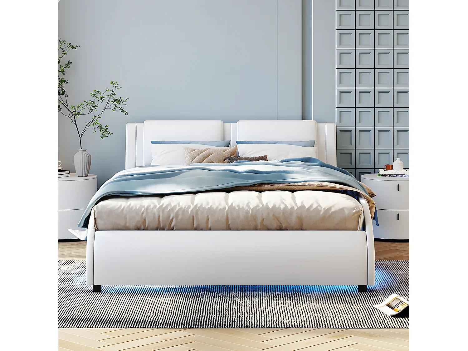 Lit avec tête de lit capitonnée avec LED- 140 x 200 cm - Blanc - Sweiko