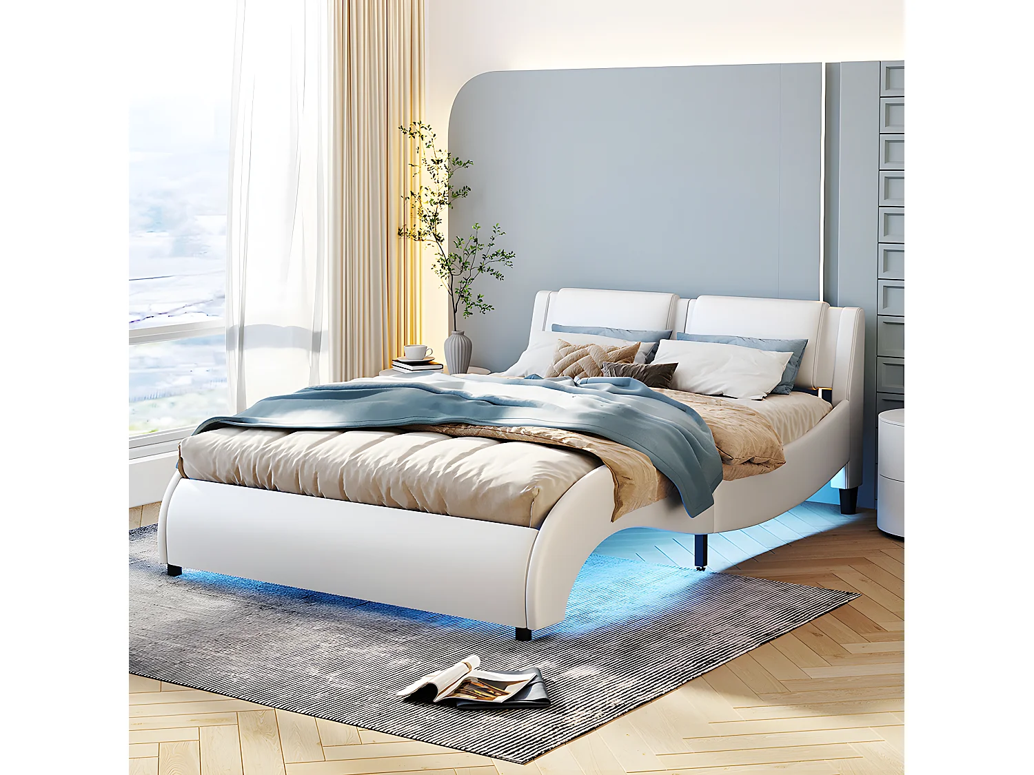 Lit avec tête de lit capitonnée avec LED- 140 x 200 cm - Blanc - Sweiko