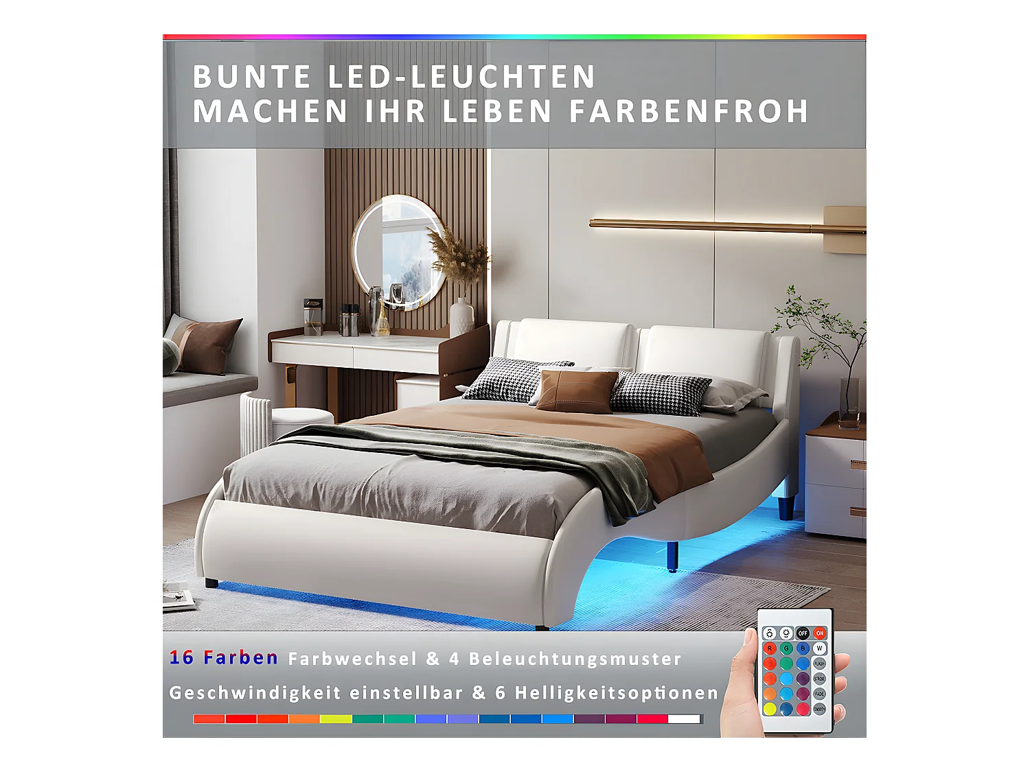 Lit avec tête de lit capitonnée avec LED- 140 x 200 cm - Blanc - Sweiko