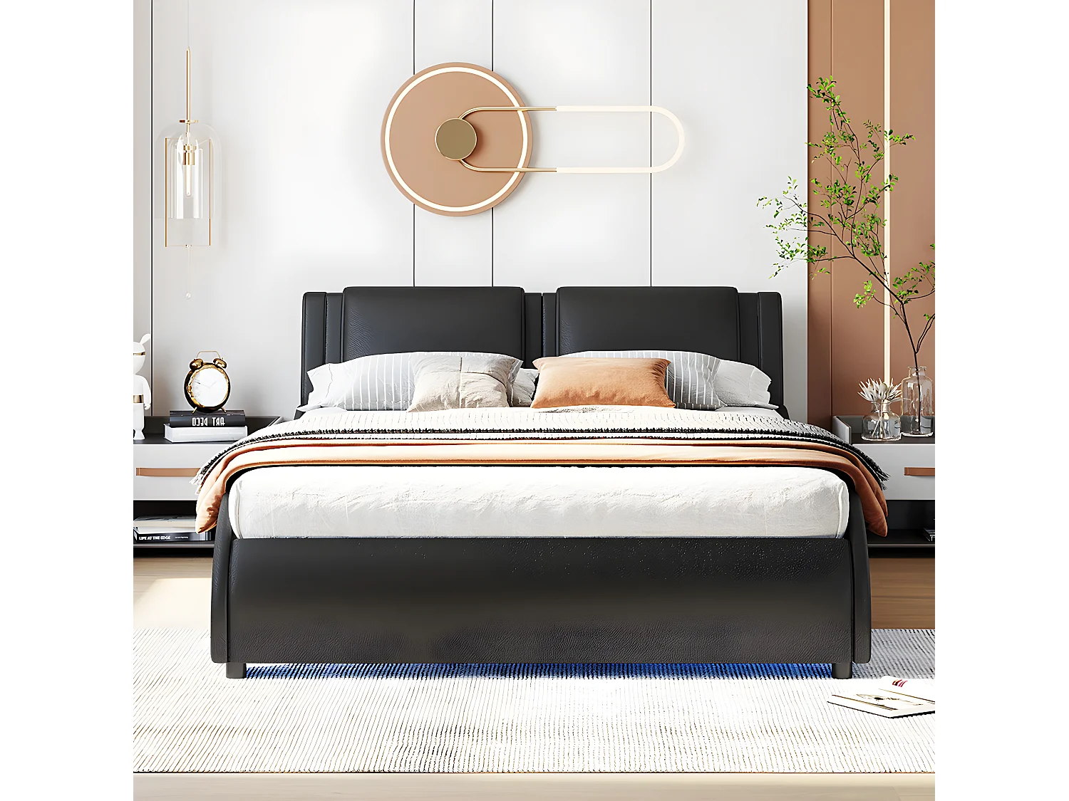 Lit avec tête de lit capitonnée avec LED- 140 x 200 cm - Noir - Sweiko