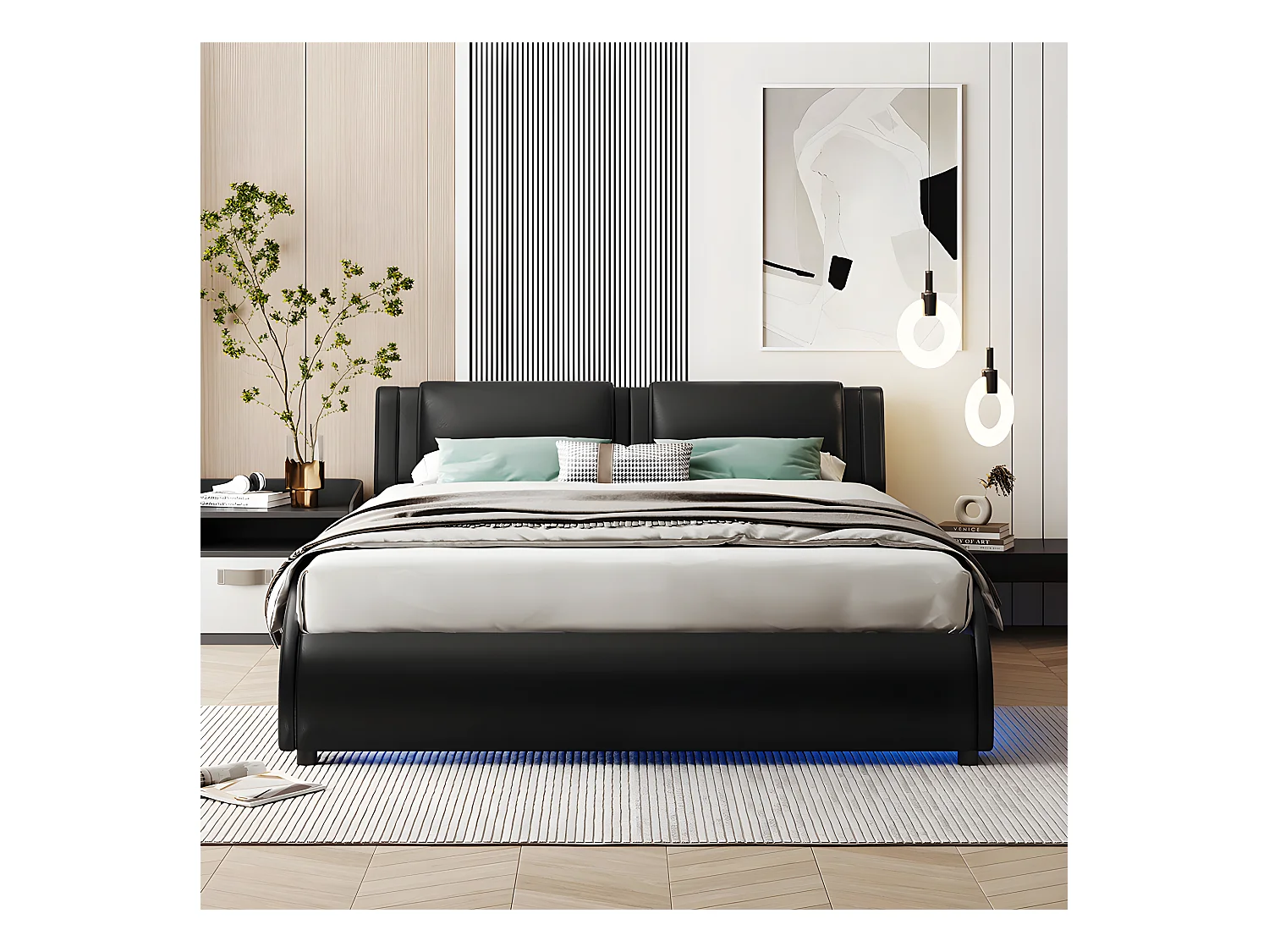 Lit avec tête de lit capitonnée avec LED- 140 x 200 cm - Noir - Sweiko