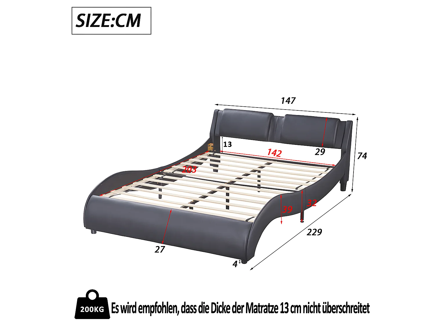 Lit avec tête de lit capitonnée avec LED- 140 x 200 cm - Noir - Sweiko