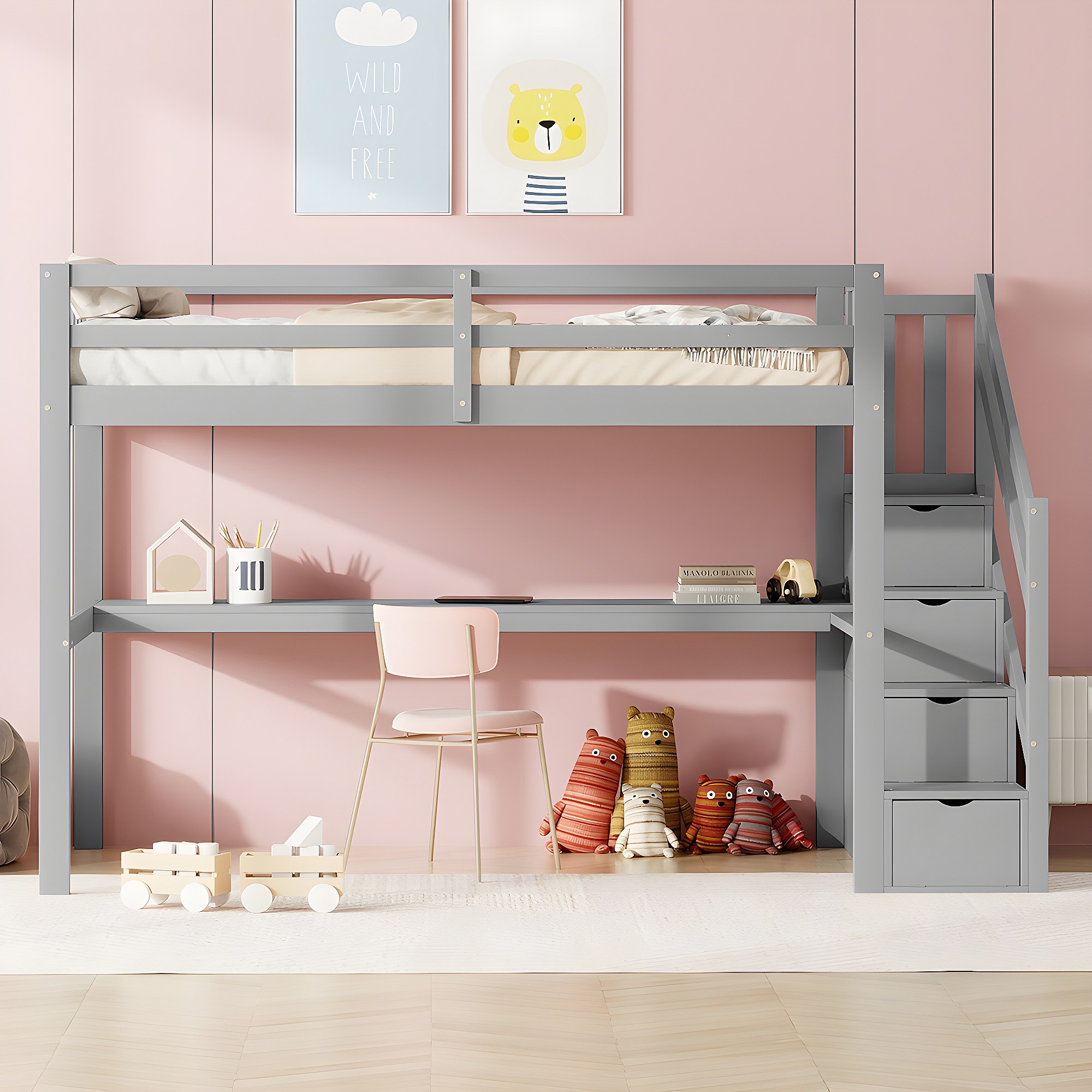 Lit Maison Enfant 90x200 Cm - Cadre Bois Pin Avec Protection Anti-chute, Sommier Lattes, Sans Matelas, Blanc