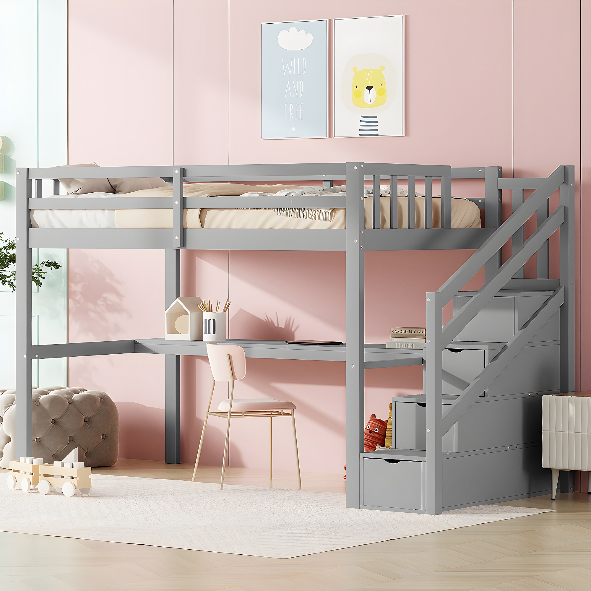 Lit Mezzanine Enfant 140x200 Cm Avec Bureau Et Rangement - Blanc, Pin Et MDF, Capacité 120 Kg