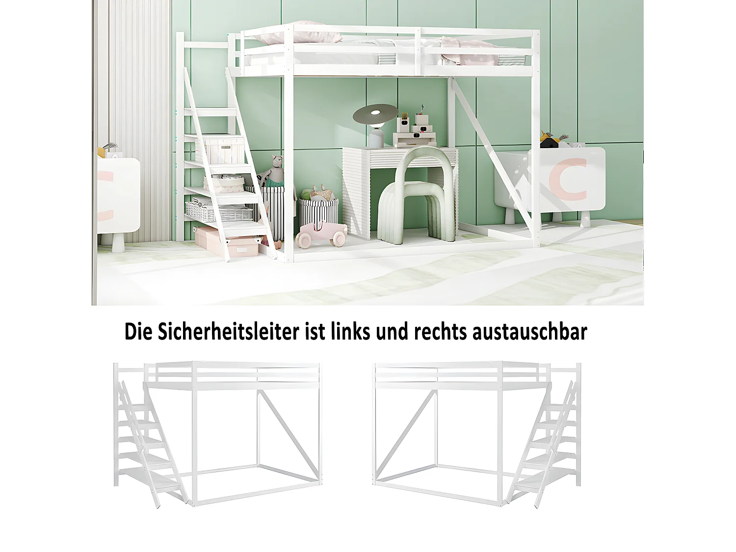 Lit mezzanine avec échelle de sécurité - 140 x 200 cm - Blanc - Sweiko