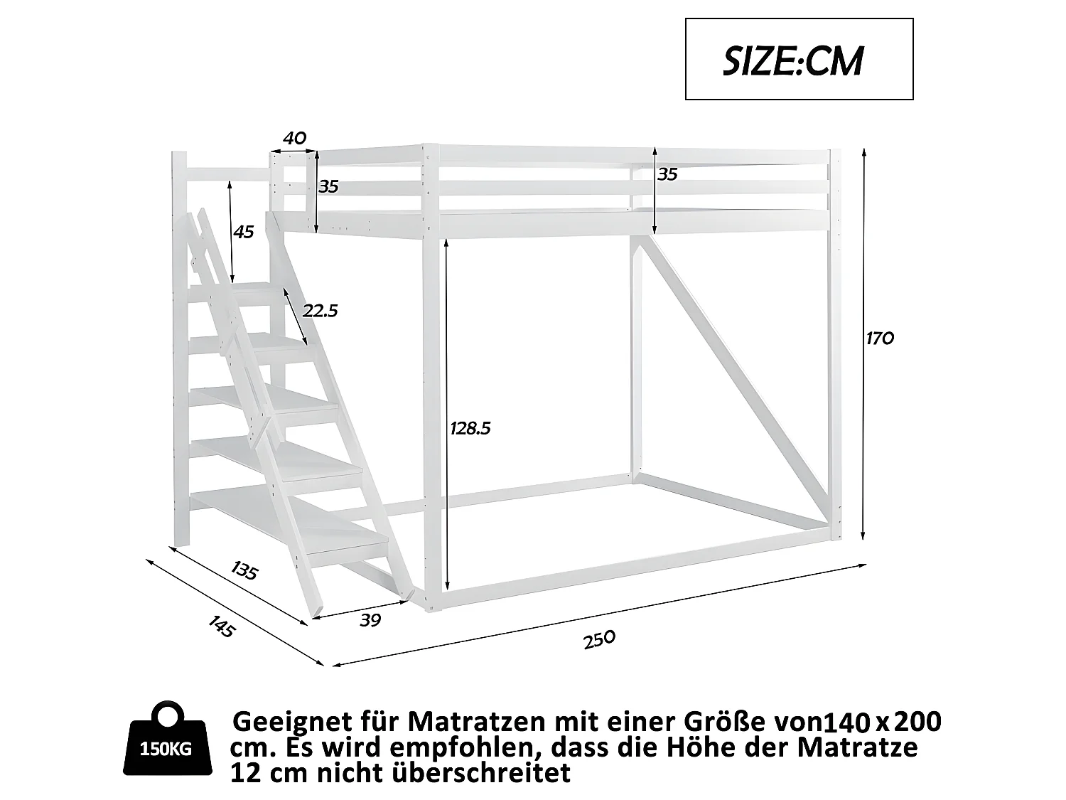 Lit mezzanine avec échelle de sécurité - 140 x 200 cm - Blanc - Sweiko
