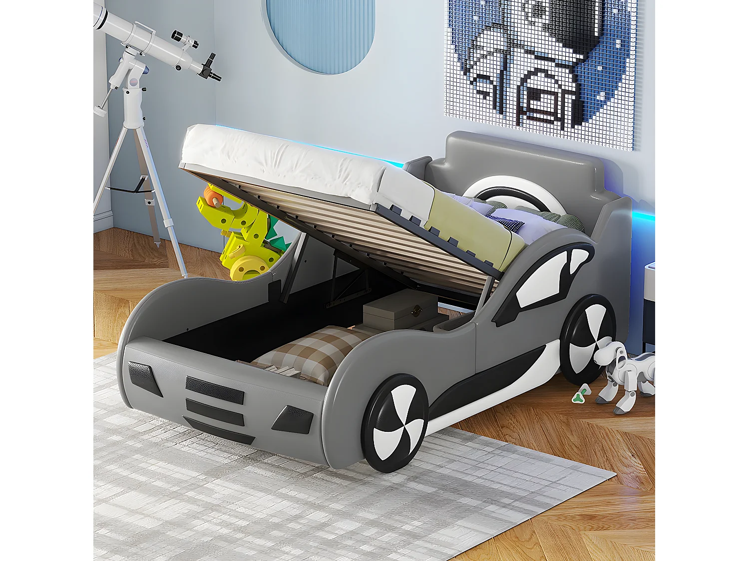 Lit coffre Lit voiture avec tête de lit rangements - 90 x 200 cm - Girs - Sweiko