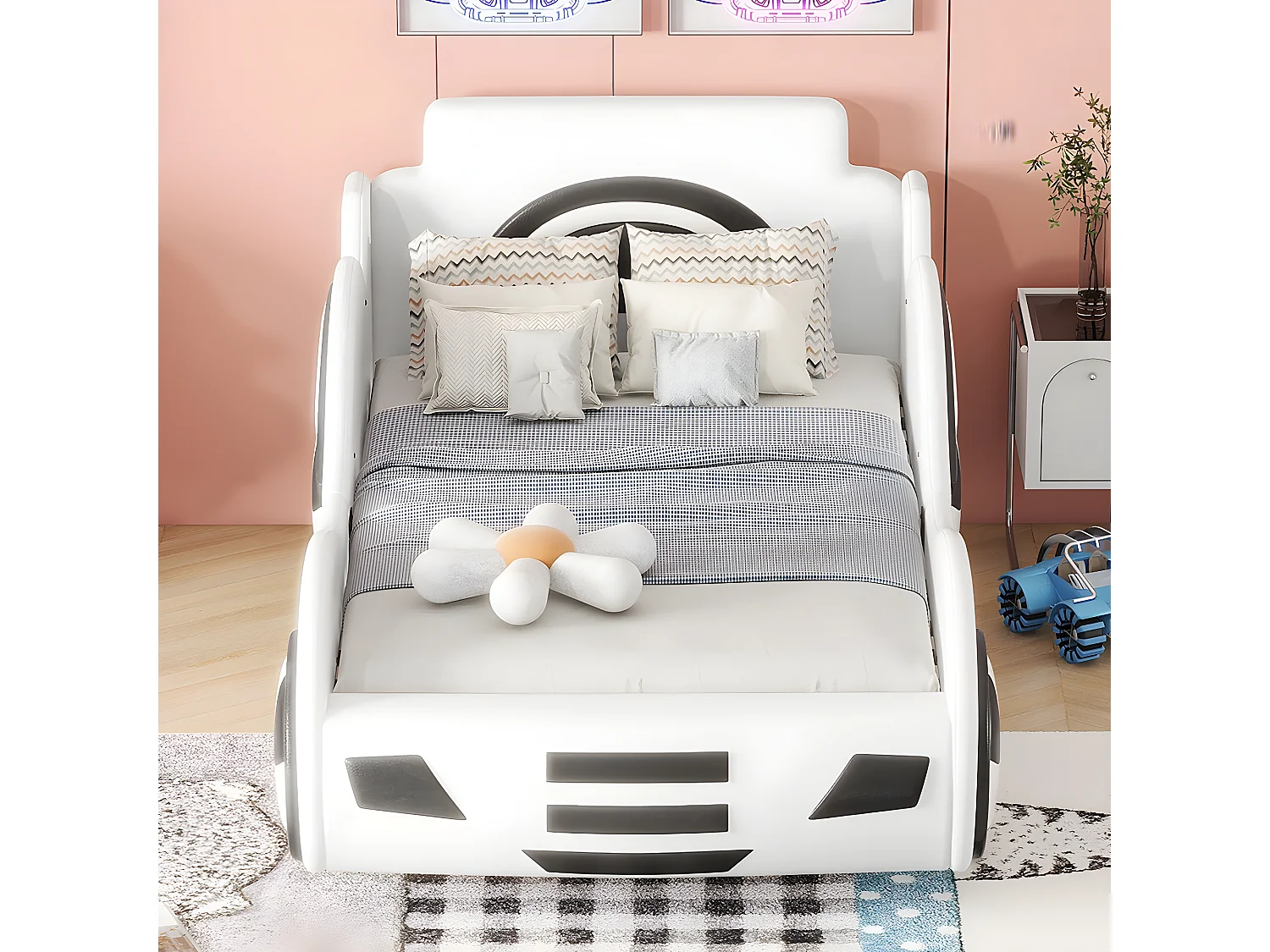 Lit coffre Lit voiture avec tête de lit rangements - 90 x 200 cm - Blanc - Sweiko