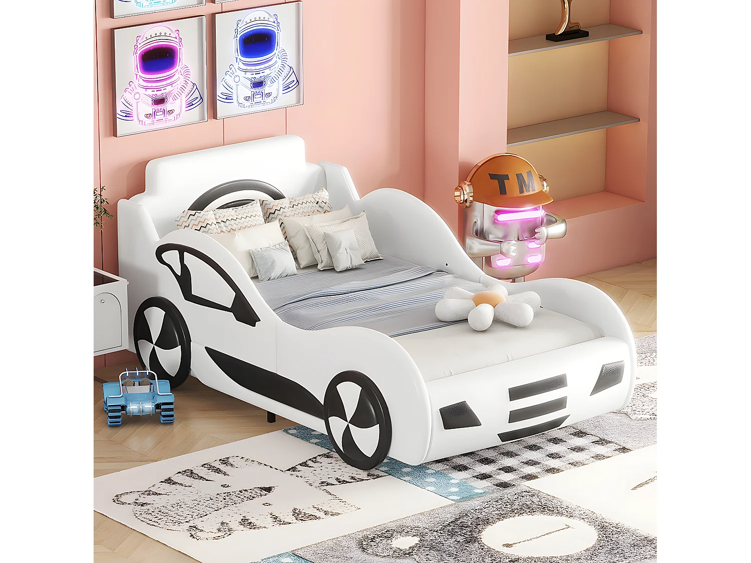 Lit coffre Lit voiture avec tête de lit rangements - 90 x 200 cm - Blanc - Sweiko