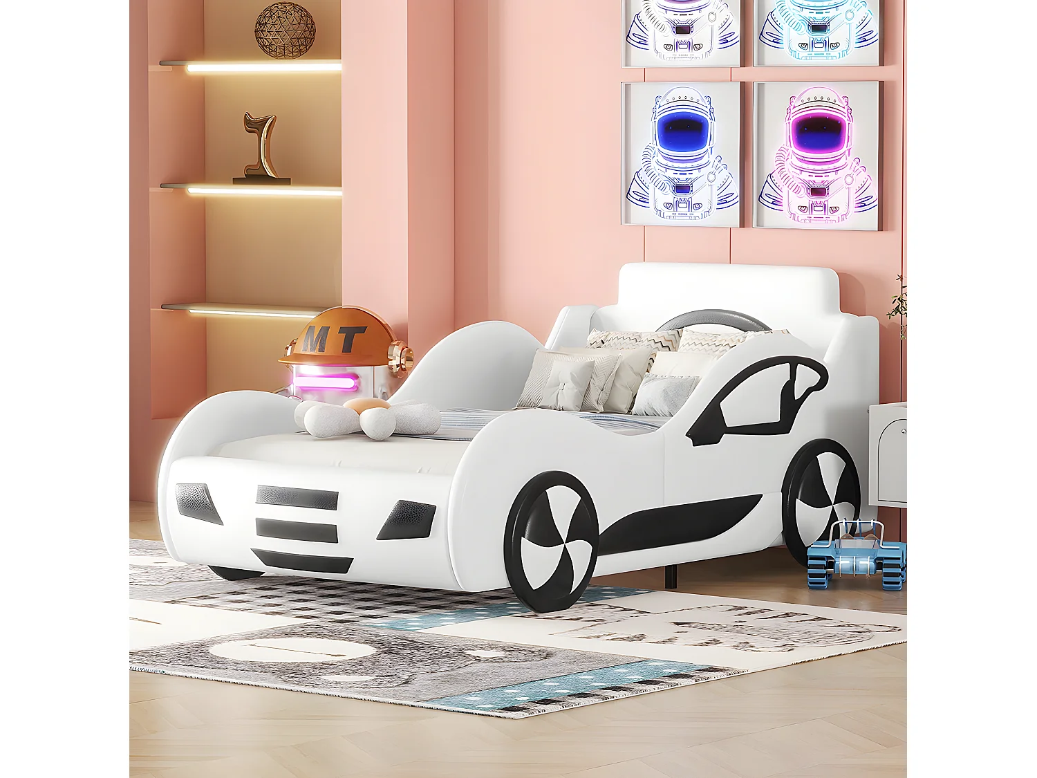 Lit coffre Lit voiture avec tête de lit rangements - 90 x 200 cm - Blanc - Sweiko