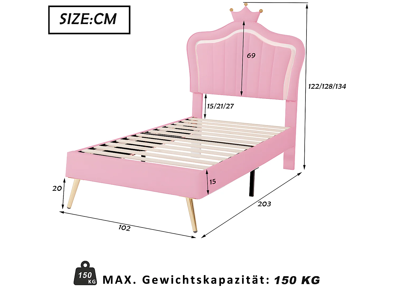 Lit avec tête de lit capitonnée avec LED - 90 x 200 cm - Rose - Sweiko