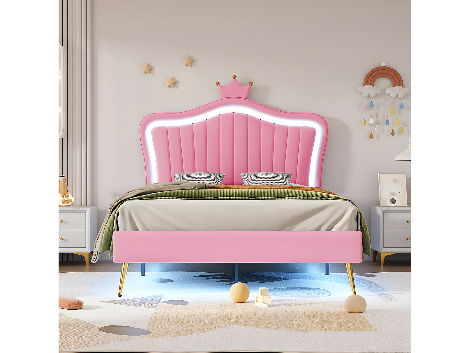 Lit avec tête de lit capitonnée avec LED - 90 x 200 cm - Rose - Sweiko