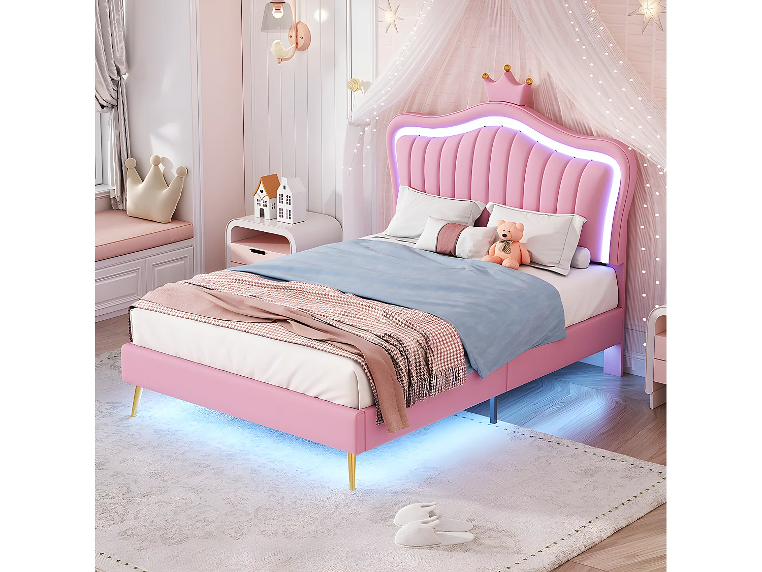 Lit avec tête de lit capitonnée avec LED - 90 x 200 cm - Rose - Sweiko