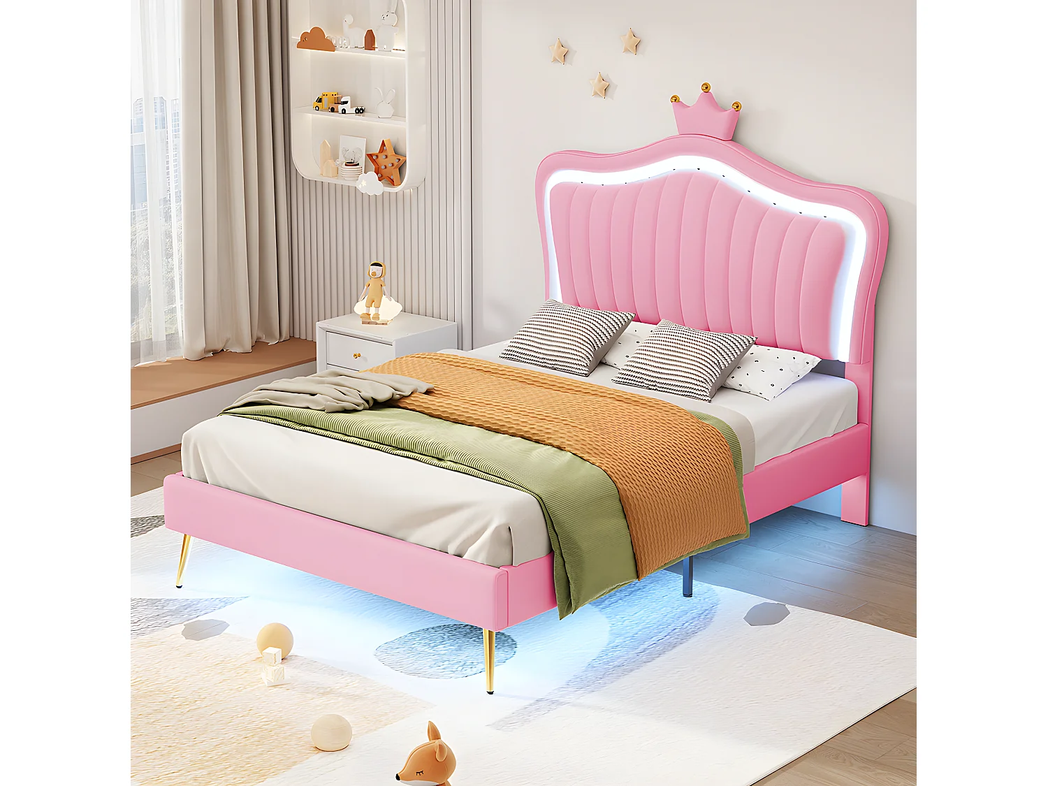 Lit avec tête de lit capitonnée avec LED - 90 x 200 cm - Rose - Sweiko