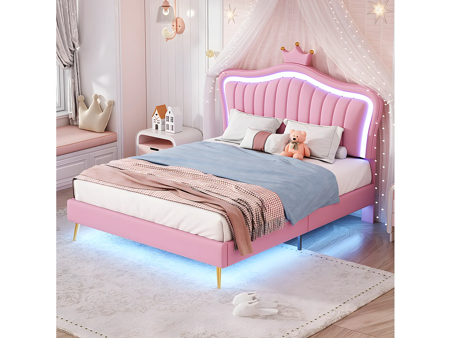 Lit avec tête de lit capitonnée avec LED - 140 x 200 cm - Rose - Sweiko