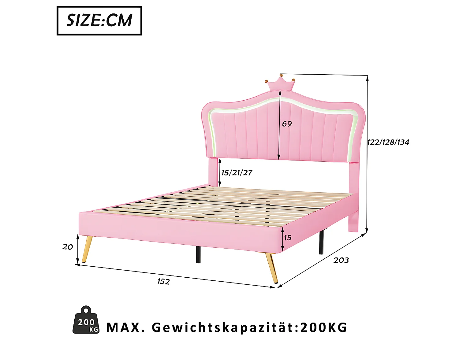 Lit avec tête de lit capitonnée avec LED - 140 x 200 cm - Rose - Sweiko