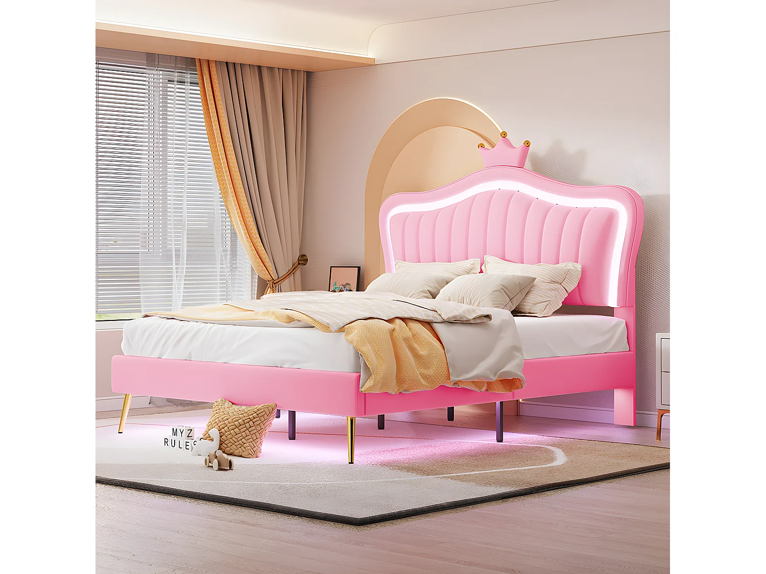 Lit avec tête de lit capitonnée avec LED - 140 x 200 cm - Rose - Sweiko