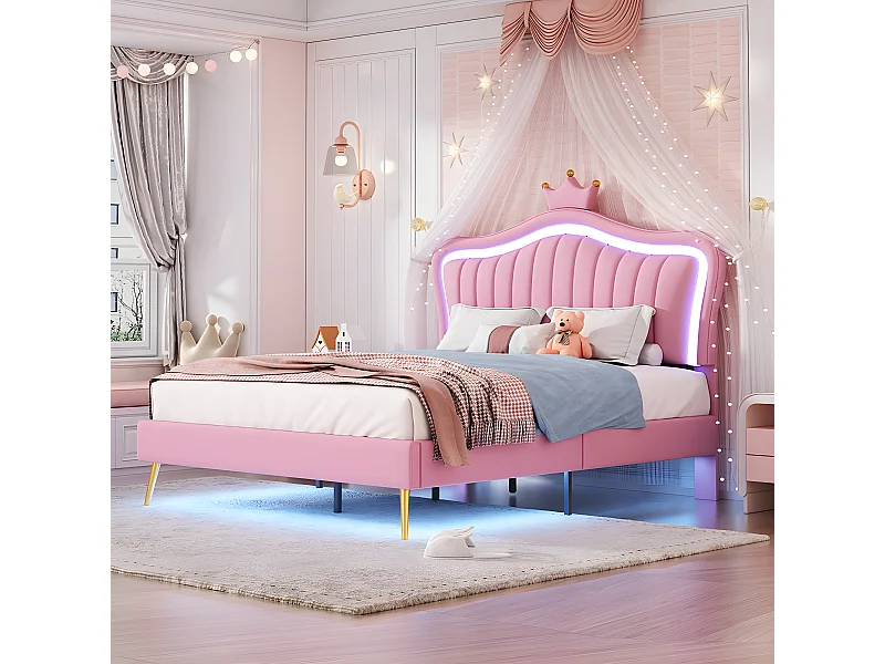 Lit avec tête de lit capitonnée avec LED - 140 x 200 cm - Rose - Sweiko