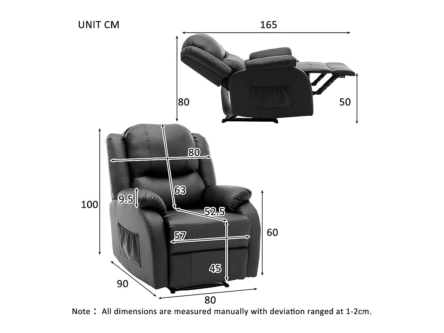 Fauteuil relax en cuir - Noir - Sweiko