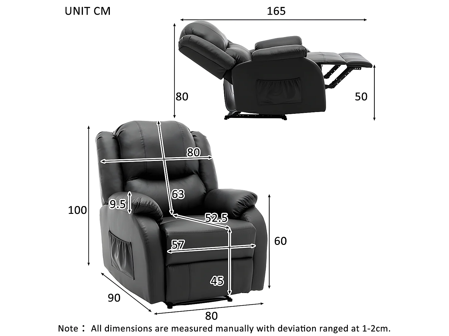 Fauteuil relax en cuir - Noir - Sweiko