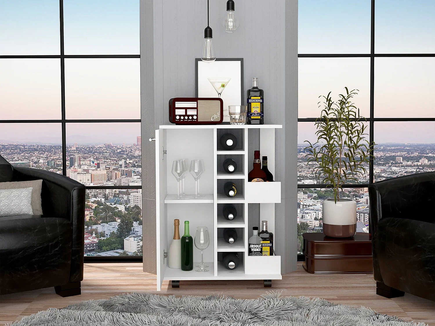 Chariot Bar, Bar Cart avec des roulettes et des étagères latérales