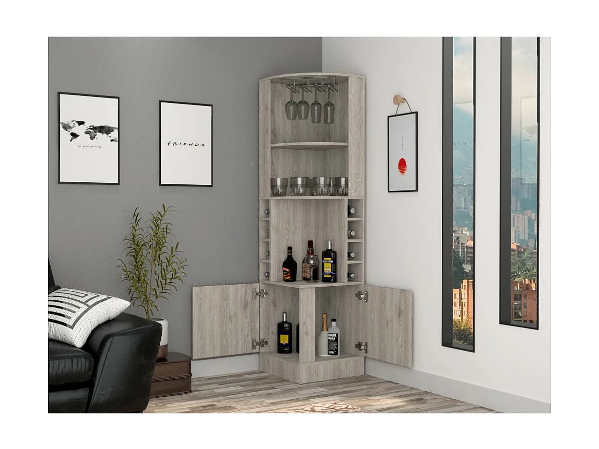 Mobile bar angolare Syrah, con portabicchieri , 180.59 cm X 46.73 cm X 46.73 cm , Grigio / argento