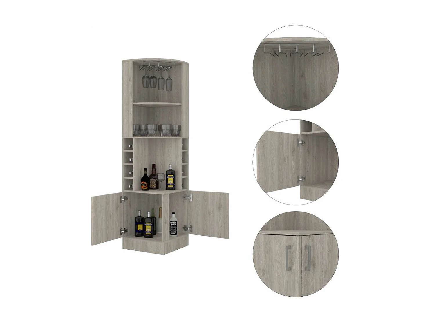 Mobile bar angolare Syrah, con portabicchieri , 180.59 cm X 46.73 cm X 46.73 cm , Grigio / argento