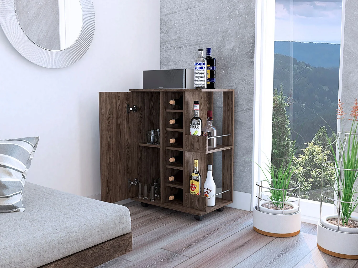Carrello da bar, Bar Cart, con portabottiglie e ruote