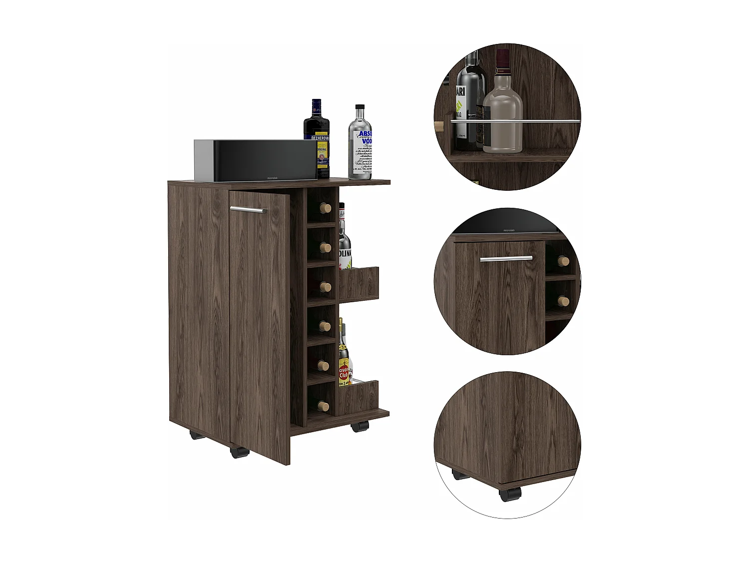 Carrello da bar, Bar Cart, con portabottiglie e ruote