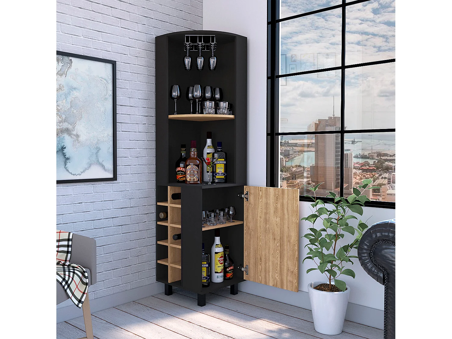 Kaia Bar d'angle, avec 1 porte et porte-bouteilles , 179.83 cm X 44.95 cm X 44.95 cm , Multicolore