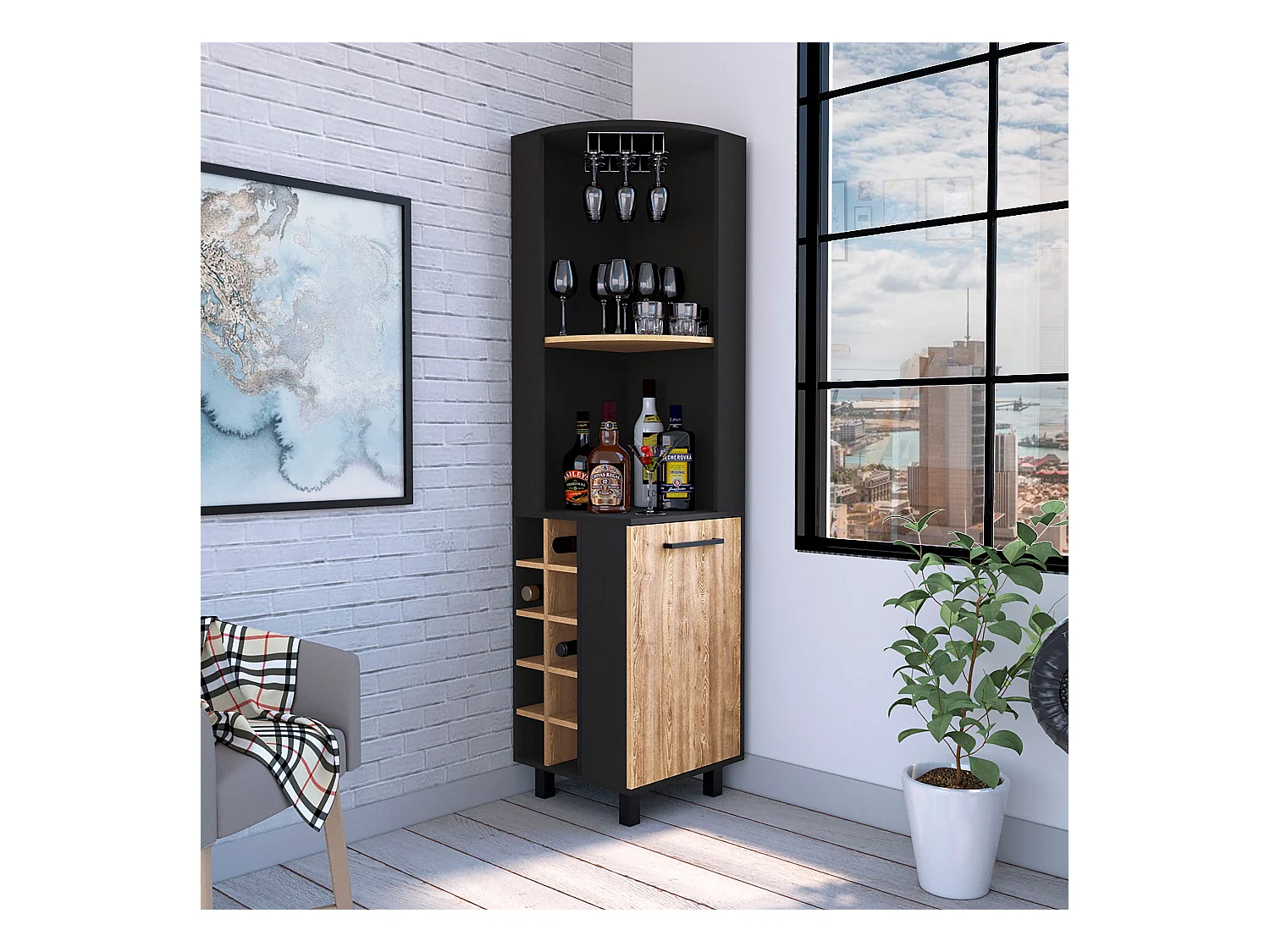 Kaia Bar d'angle, avec 1 porte et porte-bouteilles , 179.83 cm X 44.95 cm X 44.95 cm , Multicolore