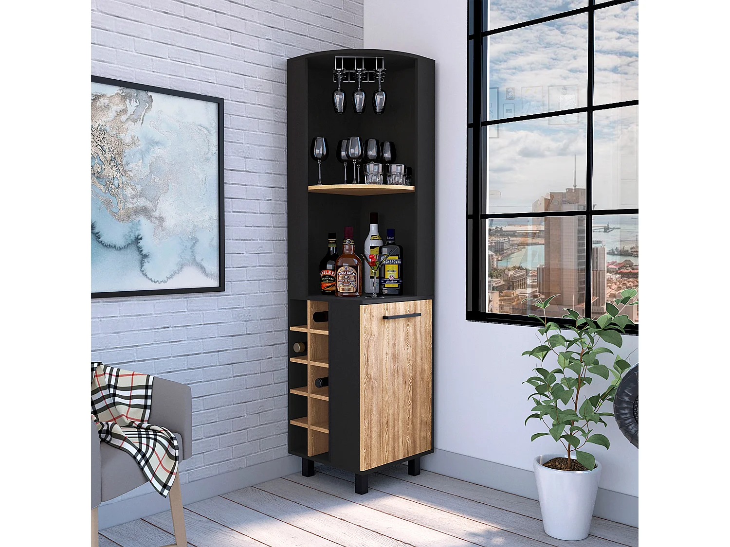 Bar angolare Kaia, con 1 anta e portabottiglie , 179.83 cm X 44.95 cm X 44.95 cm , Multicolore