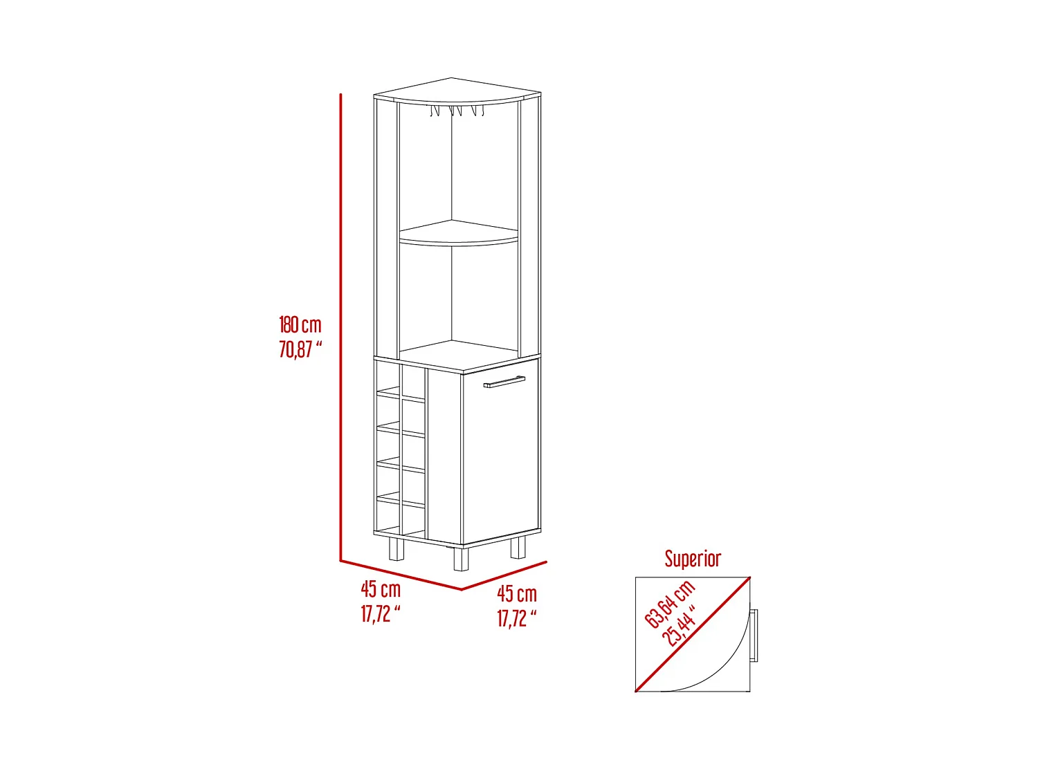 Móvel bar de canto Kaia de 180 cm com suporte para copos e 1 porta, wengué e carvalho mel