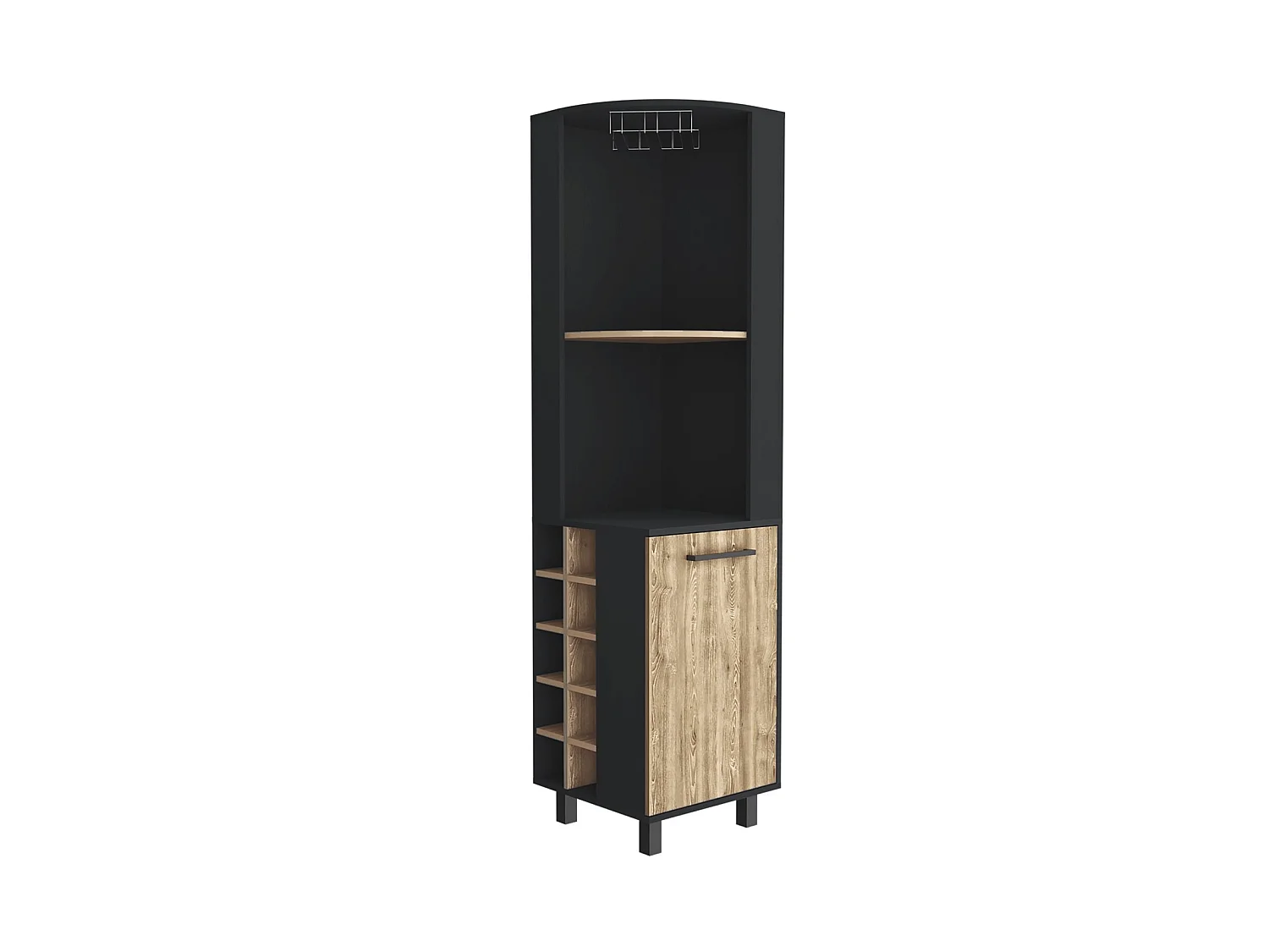 Móvel bar de canto Kaia de 180 cm com suporte para copos e 1 porta, wengué e carvalho mel