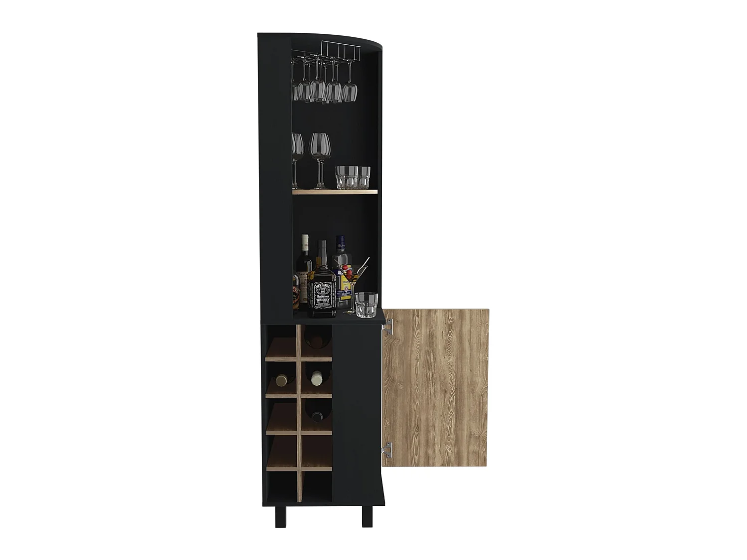 Móvel bar de canto Kaia de 180 cm com suporte para copos e 1 porta, wengué e carvalho mel