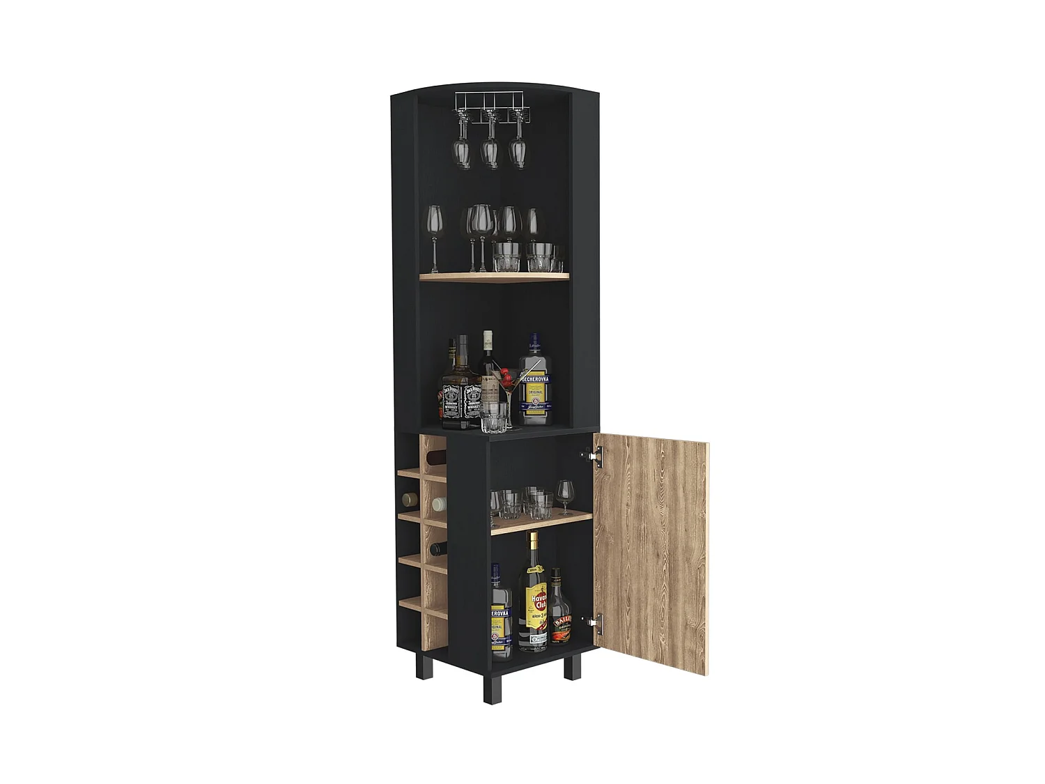 Móvel bar de canto Kaia de 180 cm com suporte para copos e 1 porta, wengué e carvalho mel
