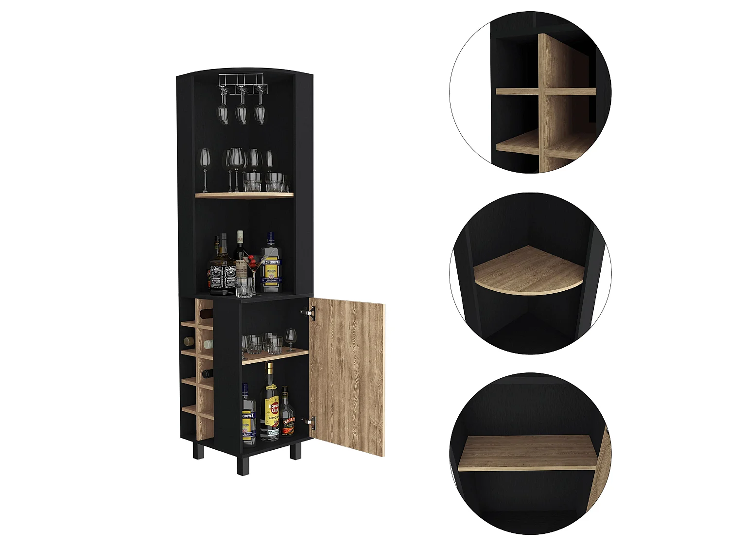 Móvel bar de canto Kaia de 180 cm com suporte para copos e 1 porta, wengué e carvalho mel
