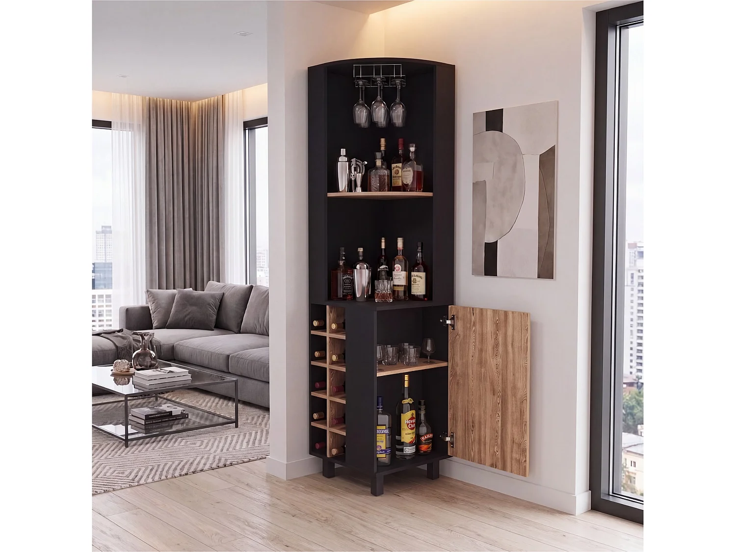 TUHOME CONCEPT Meuble bar d'angle Kaia de 180 cm, wengé et chêne miel