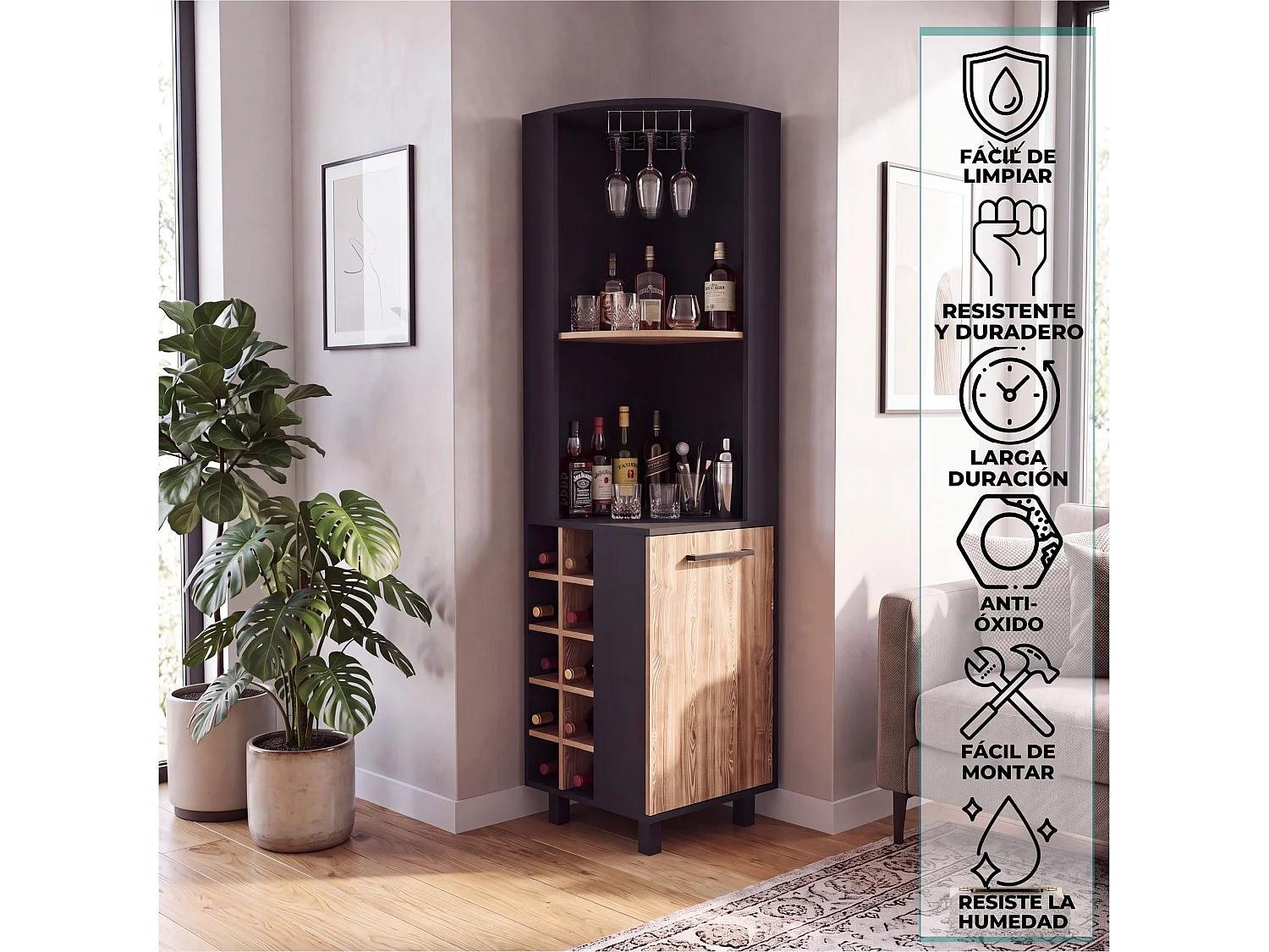 TUHOME CONCEPT Meuble bar d'angle Kaia de 180 cm, wengé et chêne miel
