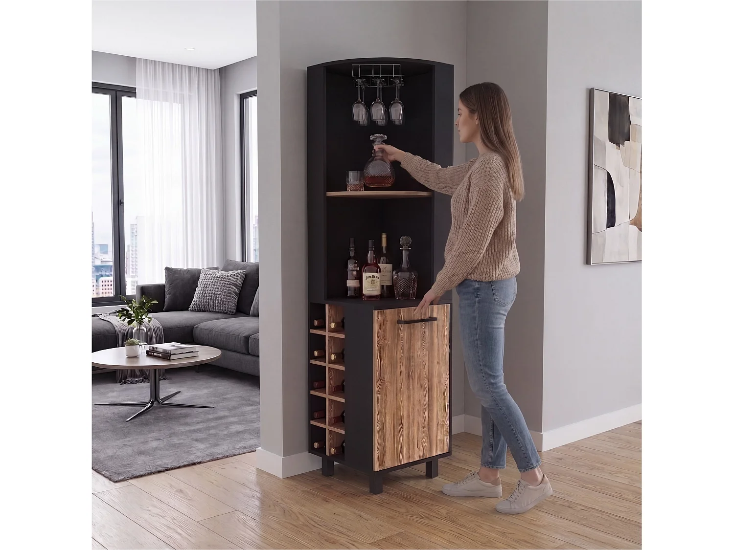 TUHOME CONCEPT Meuble bar d'angle Kaia de 180 cm, wengé et chêne miel