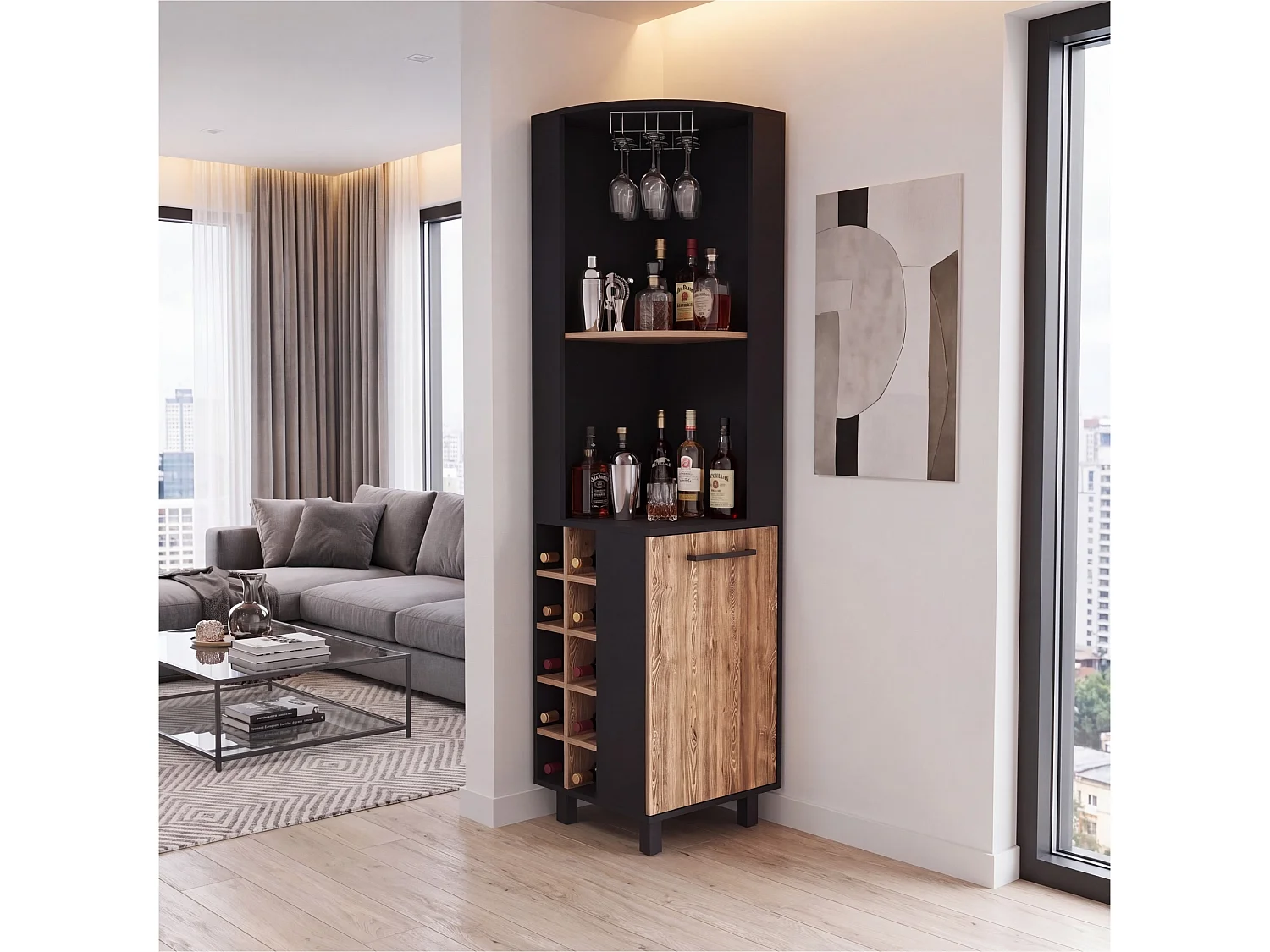 TUHOME CONCEPT Meuble bar d'angle Kaia de 180 cm, wengé et chêne miel