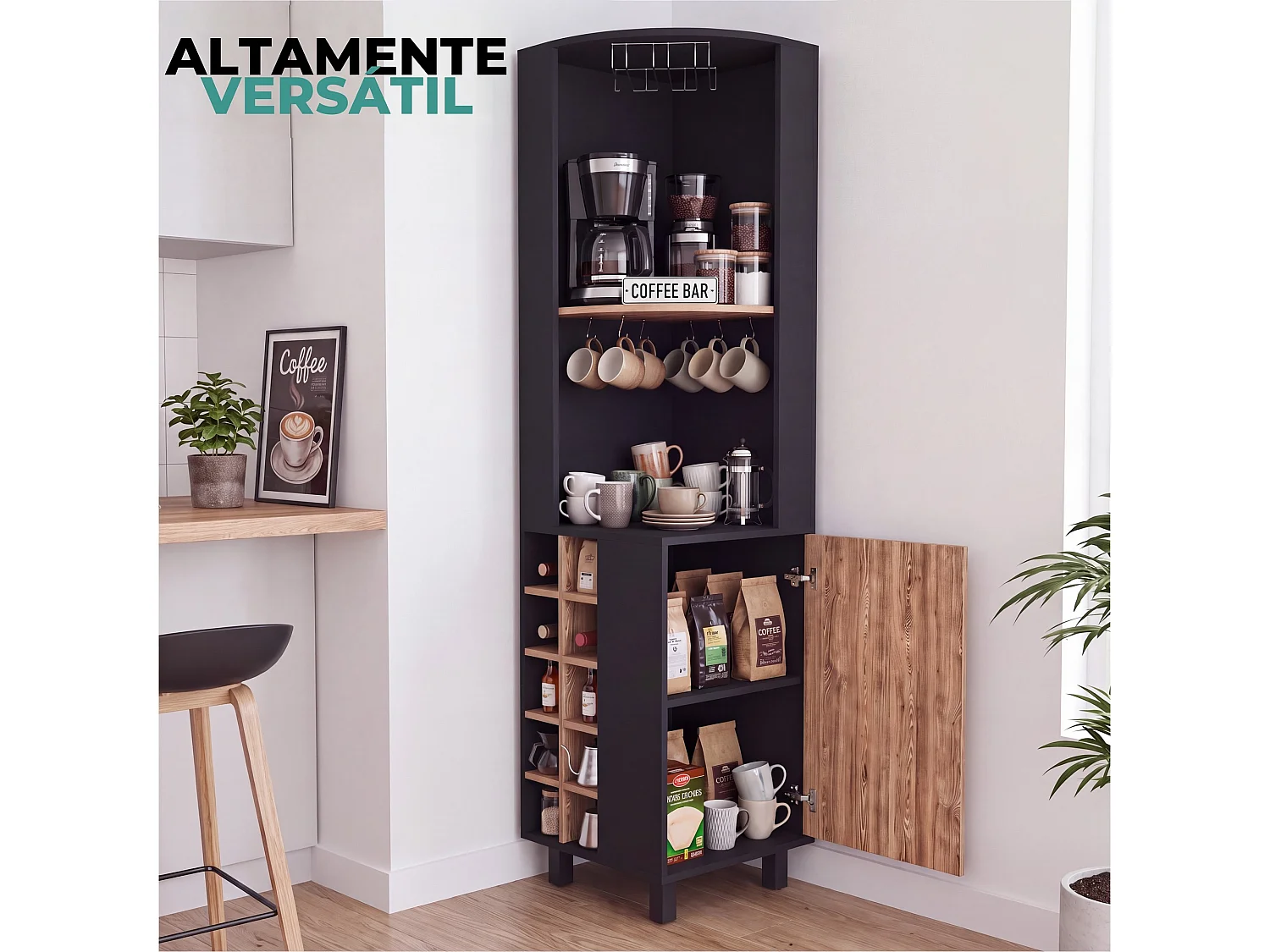 TUHOME CONCEPT Meuble bar d'angle Kaia de 180 cm, wengé et chêne miel