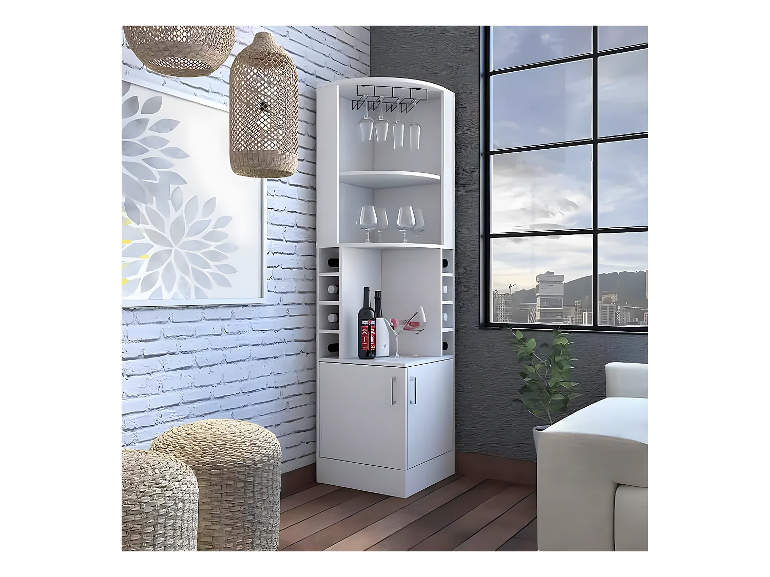 Meuble bar d'angle Syrah, avec porte-verre, 180.59 cm X 46.73 cm X 46.73 cm , Blanc