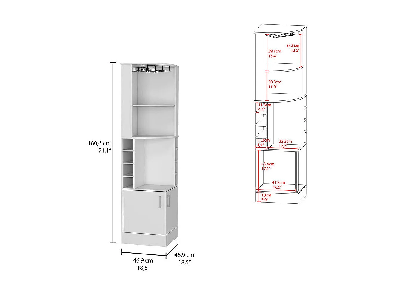 Meuble bar d'angle Syrah, avec porte-verre, 180.59 cm X 46.73 cm X 46.73 cm , Blanc